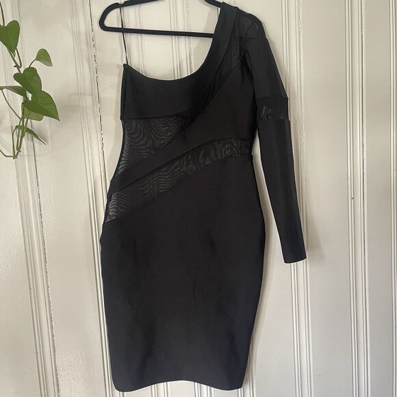 Fashion Nova Women Black Mesh Cut Out One Shoulder Long Sleeve Midi Dress Size L - Picture 5 of 8